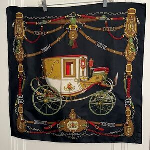 Vintage 80s or 90s black silk square scarf with‎ a carriage print